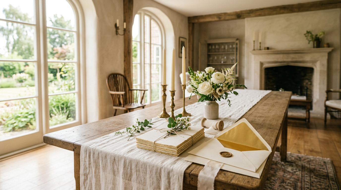 An oak table by tall windows, set with a bundle of ivory invitations edged in gold, a cream envelope with a gold lining, brass candlesticks and white roses. Generated image.