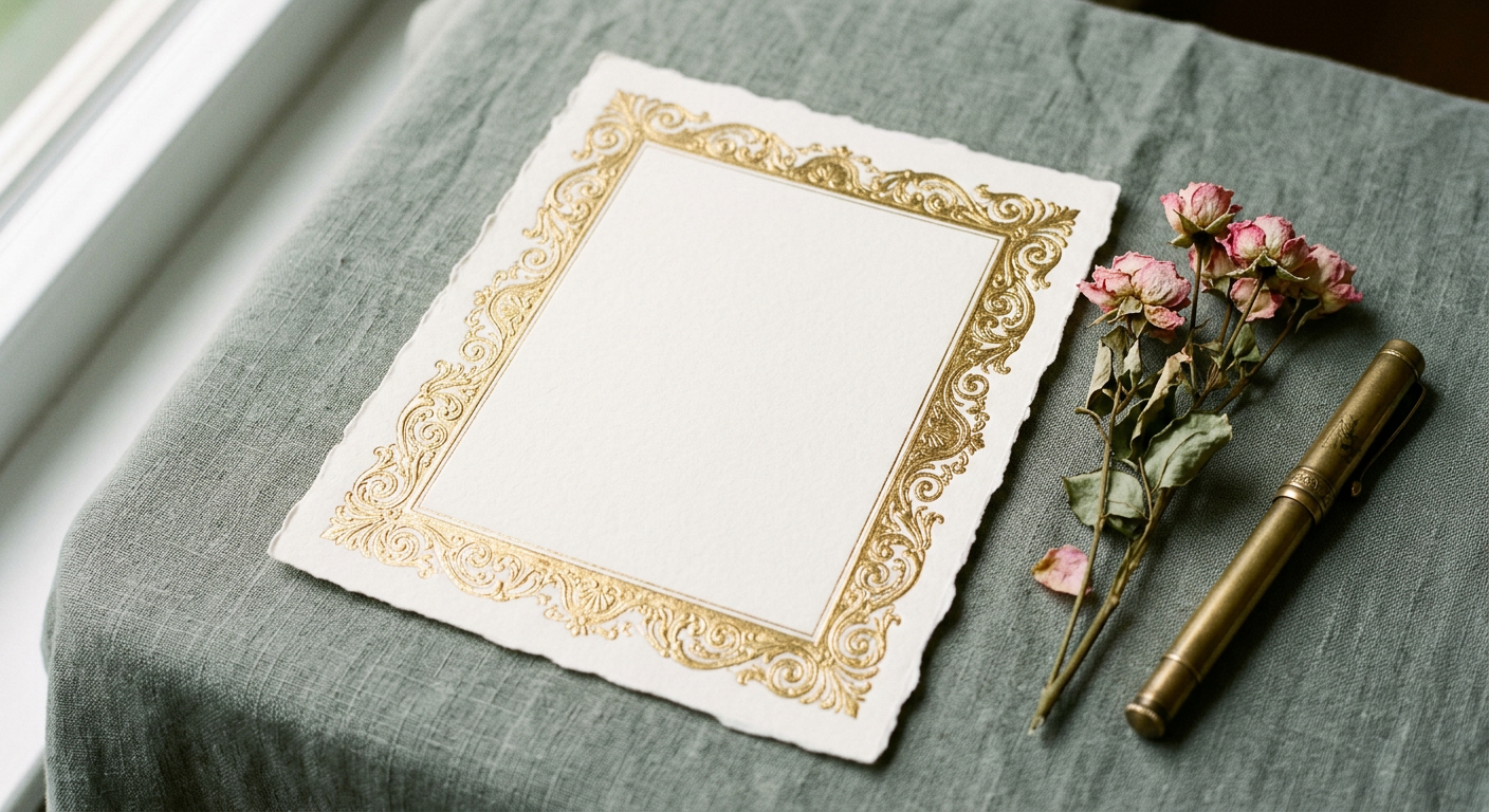 A blank ivory card with an ornate gold foil border on grey-green linen, beside dried roses and a brass pen. Generated image.