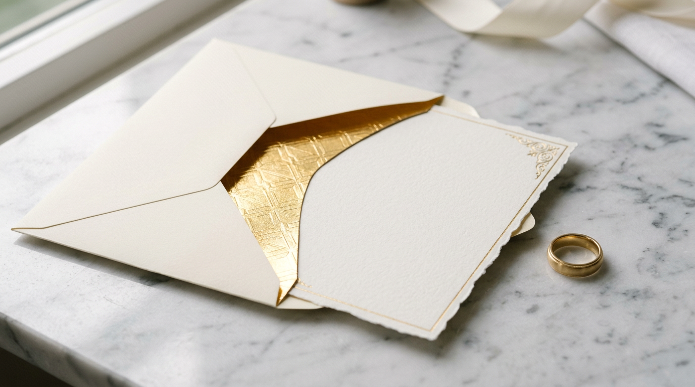 An open cream envelope with a gold lining and an ivory card sliding out, on white marble beside a gold ring. Generated image.