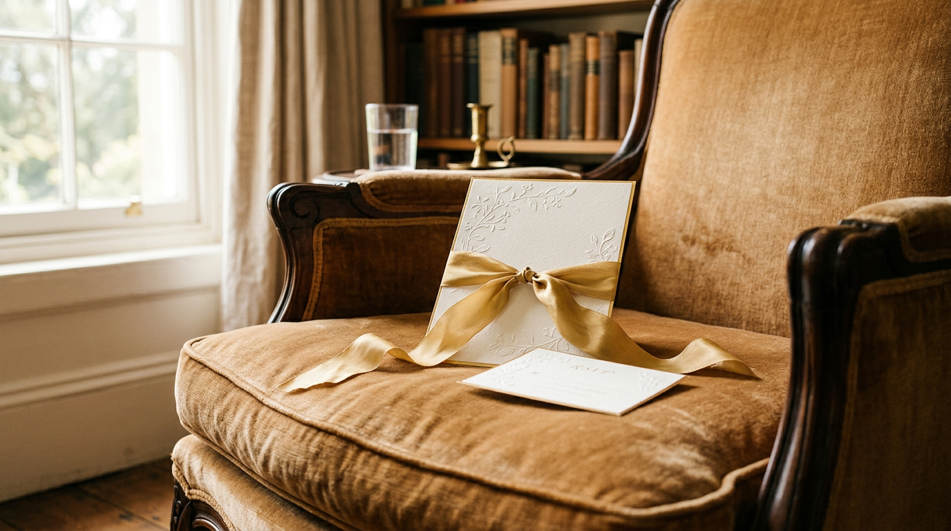 An ivory invitation tied with a gold silk ribbon on a velvet armchair by a window. Generated image.