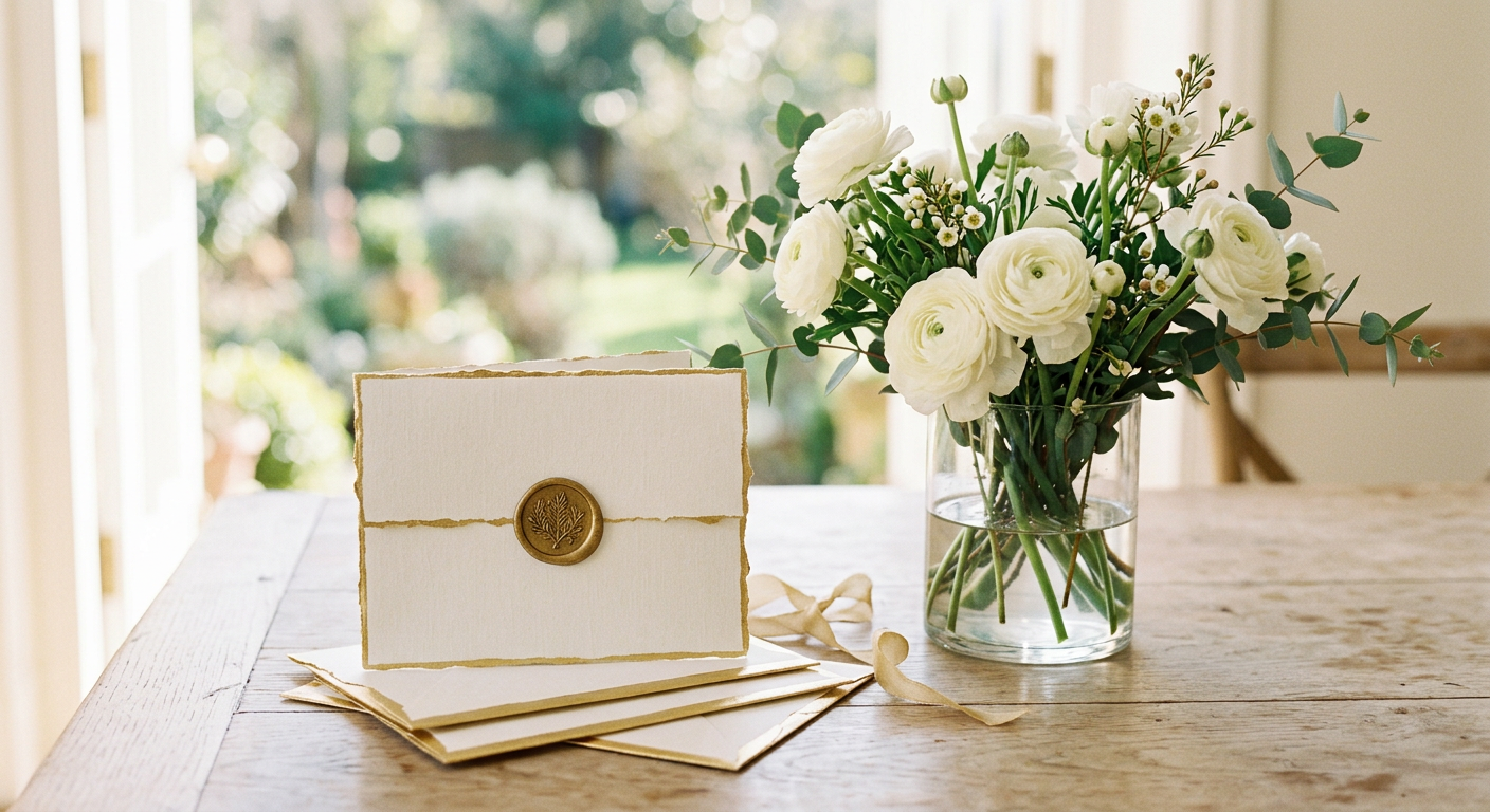 Ivory cards edged in gold, one sealed with wax, beside a vase of white ranunculus. Generated image.
