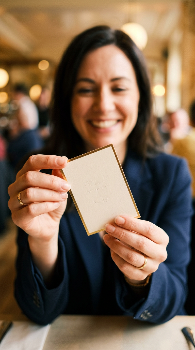 A smiling woman holding up a small ivory card edged in gold. Generated image.